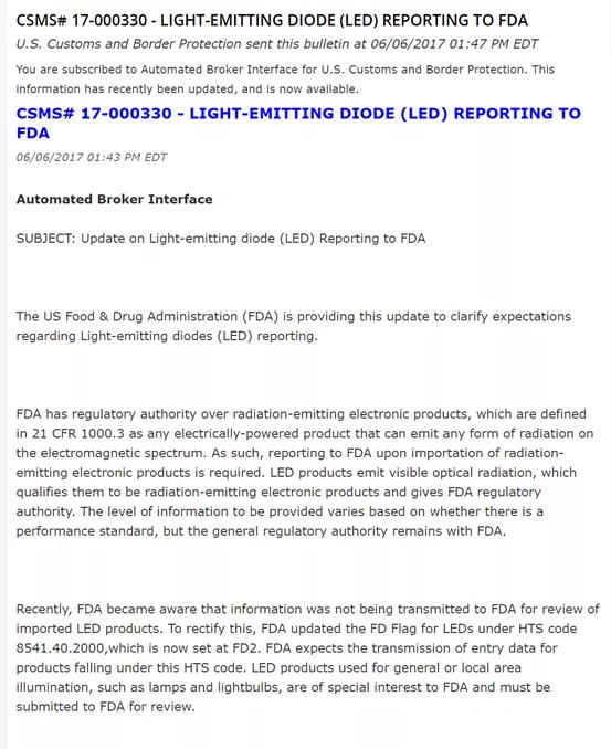 CSMS# 17-000330 - LIGHT-EMITTINGDIODE (LED) REPORTING TO FDA